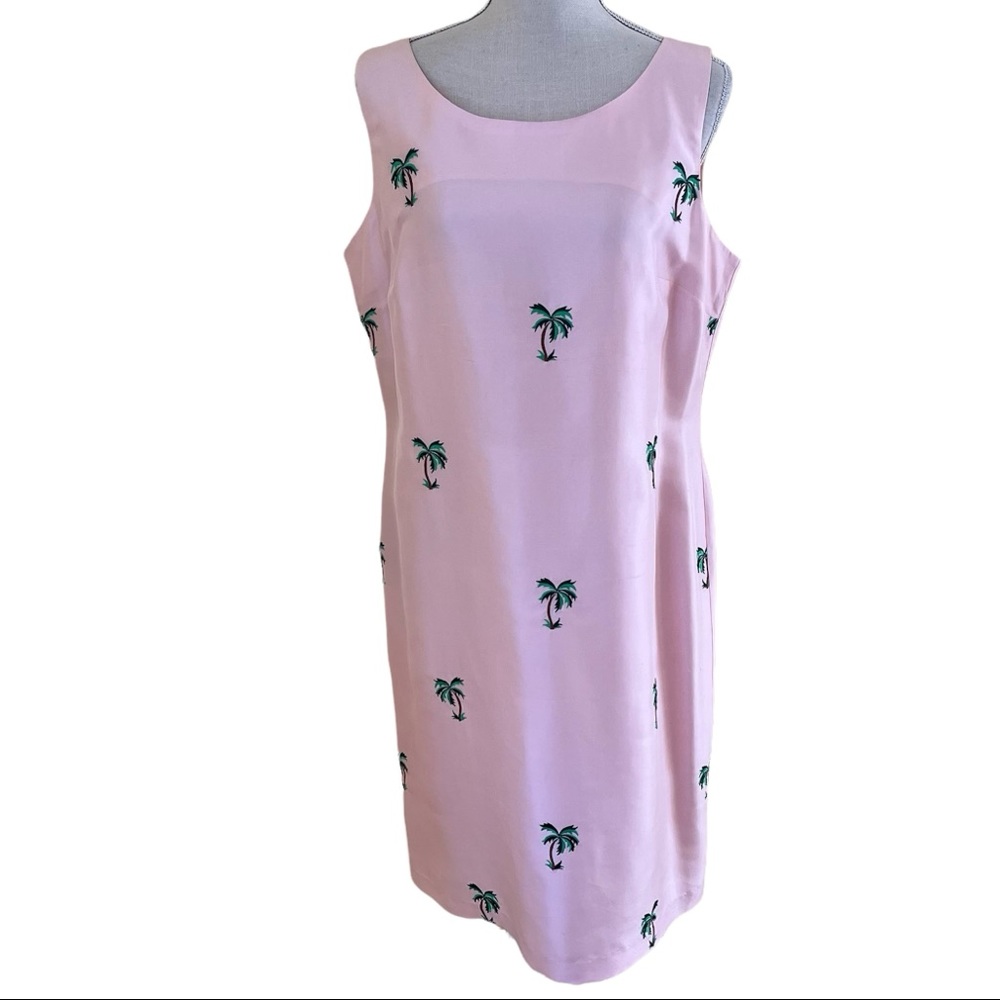 Mark, Fore, and Strike Pink Palm Tree Embroidered Silk Sleeveless Dress